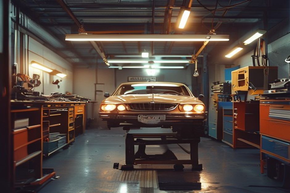 Car on hydraulic lift at City Garage workshop
